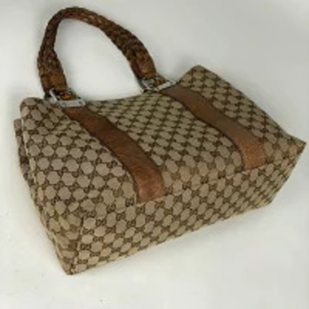 Gucci 2way Brown Bamboo Tote Bag GG Canvas Woven Brown